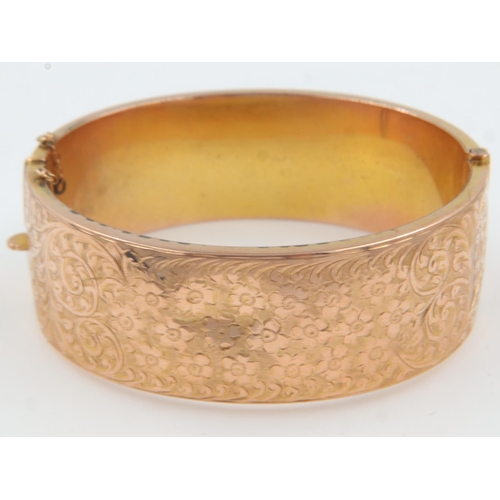 3 - 9ct rose gold hinged bangle, D: 60 mm, 25.6g, slightly dented and safety chain snapped. UK P&P Group... 