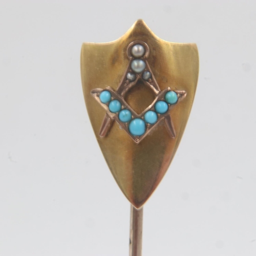 37 - Victorian Masonic tie pin, unmarked 15ct gold top and 9ct gold pin, set with seed pearl and turquois... 