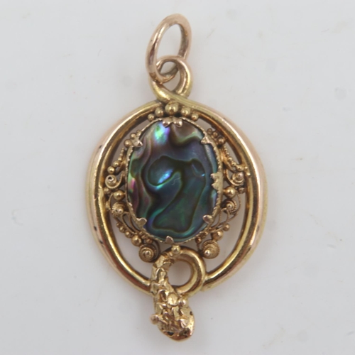 4 - Victorian unmarked 15ct gold and abalone shell pendant in the form of a snake, H: 30 mm, 3.2g. UK P&... 