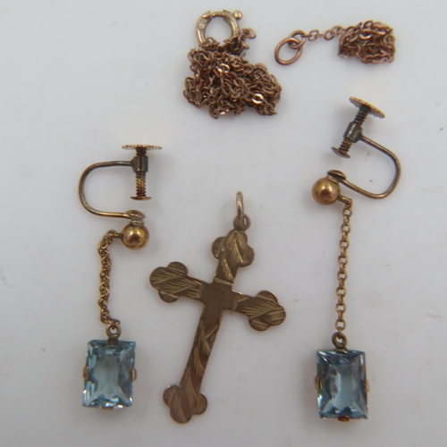 42 - 9ct gold crucifix pendant, with a pair of 9ct gold screw-back aquamarine earrings and a broken 9ct g... 