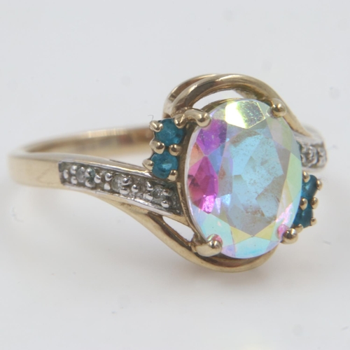 50 - 9ct gold ring set with mystic topaz, blue topaz and diamonds, size N, 2.9g. UK P&P Group 0 (£6+VAT f... 