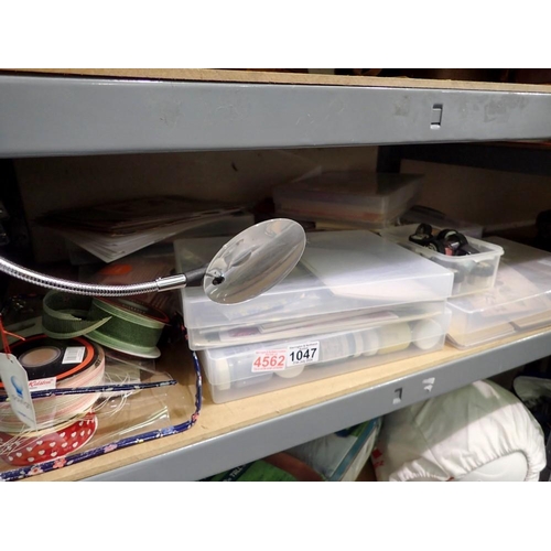 1047 - Shelf of arts and crafts materials, including a goose necked magnifier. Not available for in-house P... 