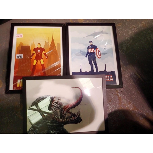 1050 - Three framed prints of Venom, Iron Man and Captain America. Not available for in-house P&P