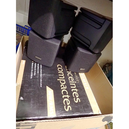 1055 - Boxed pair of 30W surround sound speakers, working. Not available for in-house P&P