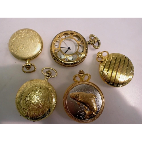 1065 - Five gold effect pocket watches - working at lotting up. UK P&P Group 1 (£16+VAT for the first lot a... 