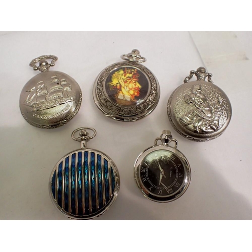 1066 - Five silver effect pocket watches - working at lotting up. UK P&P Group 1 (£16+VAT for the first lot... 