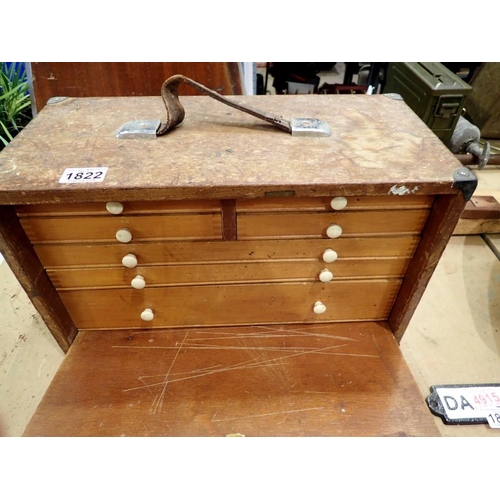 1822 - Vintage wooden toolbox with locking front and six shelves. Not available for in-house P&P