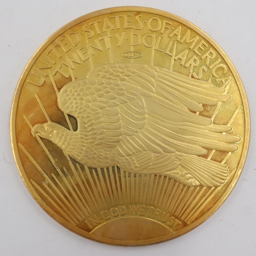 112 - 1933 gold plated oversized 20 Dollars - D: 100mm. UK P&P Group 1 (£16+VAT for the first lot and £2+V... 