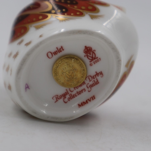 209 - Royal Crown Derby owlet paperweight, Collectors Guild edition, with gold stopper, no cracks or chips... 