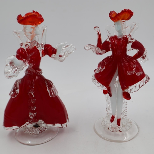 289 - Pair of Art glass figure of a dancer in red, clear and orange glass, H: 28 cm. Not available for in-... 