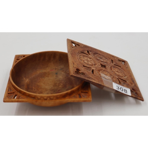 308 - Carved wooden covered bowl, 17 x 6 cm. UK P&P Group 2 (£20+VAT for the first lot and £4+VAT for subs... 