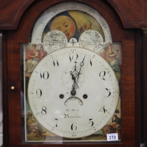 310 - Wain of Burslem: 19th century English longcase clock, with rolling moon and painted dial, 8-day move... 