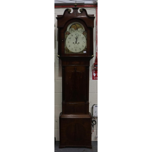 310 - Wain of Burslem: 19th century English longcase clock, with rolling moon and painted dial, 8-day move... 