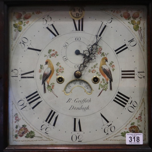 318 - Peter Griffith of Denbigh: Georgian longcase clock, with square enamelled and painted dial decorated... 