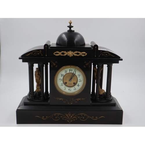 319 - A monumental 19th century French slate cased mantel clock, with enamelled chapter ring, chiming on a... 