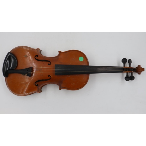 331 - Konrad Paulus full size violin with a two piece back and ebony tuning pegs, bears label inside Konra... 