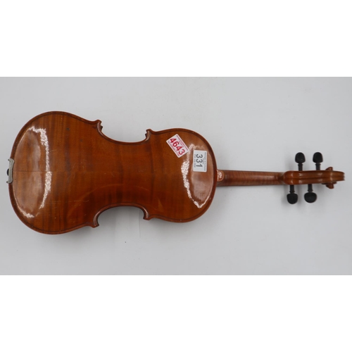 331 - Konrad Paulus full size violin with a two piece back and ebony tuning pegs, bears label inside Konra... 