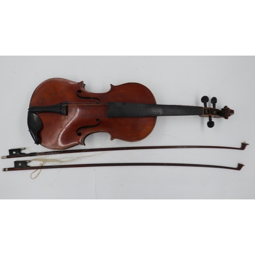 332 - A 19th century full size violin bearing label for Nicolaus Amatus within, with two unmarked bows. Vi... 