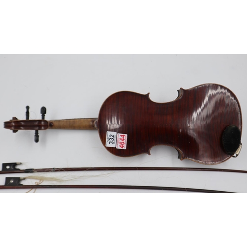 332 - A 19th century full size violin bearing label for Nicolaus Amatus within, with two unmarked bows. Vi... 