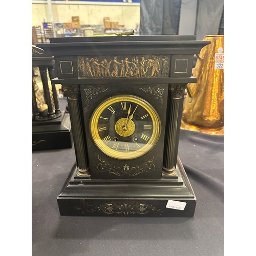 320A - Robert Halford of London: Victorian slate-cased mantel clock, with bronze figural decorated frieze, ... 