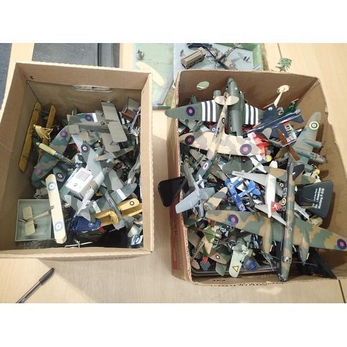 2029 - Two boxes of mixed model planes and two dioramas, items are playworn, die cast and kit built, some d... 