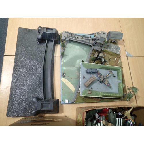 2029 - Two boxes of mixed model planes and two dioramas, items are playworn, die cast and kit built, some d... 