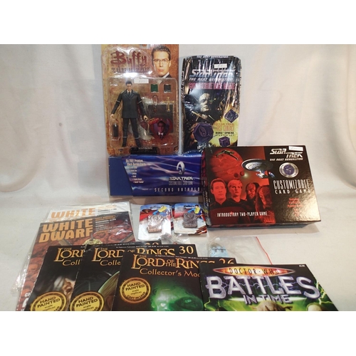 2033 - Three Star Trek card and dice games and a carded Wesley figure from Buffy the Vampire Slayer. UK P&P... 