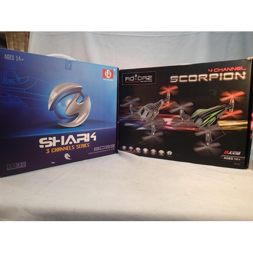 2055 - Rotorz Scorpion 4 channel copter, plus shark 3 channel copter, both as new, boxed. UK P&P Group 1 (£... 