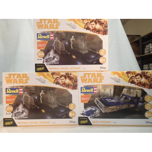 2061 - Three Revell Star Wars related build and play kits, Hans speeder with sound and lights, one Imperial... 