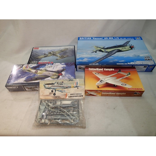 2062 - Five 1/72 scale aircraft kits, Tempest, Chipmunk, Vampire, British Gannet and Heinkel III, appear co... 