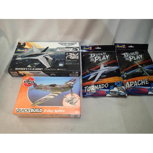 2070 - Four easy build plastic aircraft kits, Tornado, Apache, Spitfire, and Top Gun Hornet, all as new, ex... 