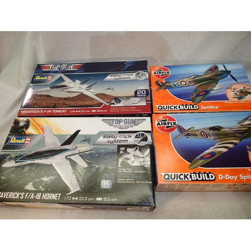 2072 - Four easy build plastic aircraft kits, Top Gun Hornet, Top Gun Tomcat, D Day Spitfire, and Spitfire,... 