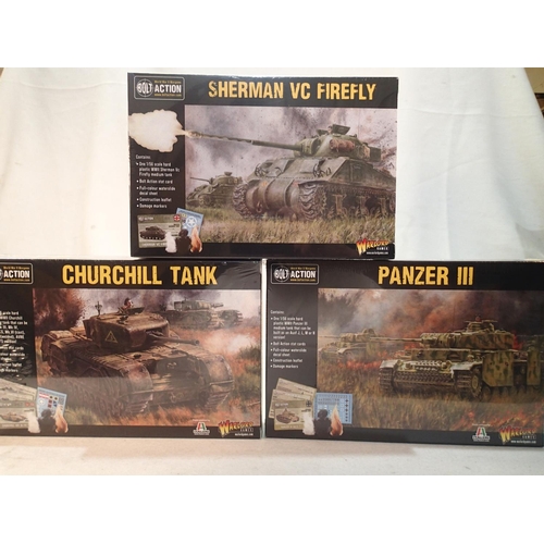 2080 - Three 1/56 scale Wargaming vehicle kits, Bolt Action, Warlord Games, Panzer III, Churchill and Sherm... 