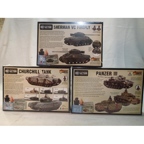 2080 - Three 1/56 scale Wargaming vehicle kits, Bolt Action, Warlord Games, Panzer III, Churchill and Sherm... 