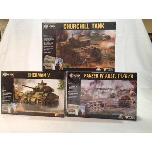 2081 - Three 1/56 scale military Wargaming vehicle kits, Bolt Action/Warlord Games, Sharman V, Churchill an... 