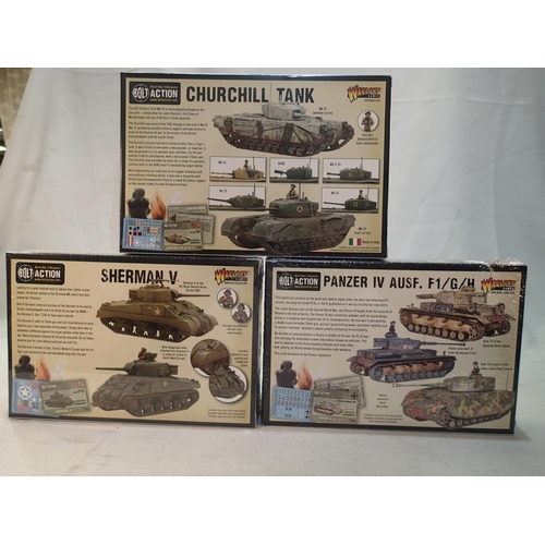 2081 - Three 1/56 scale military Wargaming vehicle kits, Bolt Action/Warlord Games, Sharman V, Churchill an... 