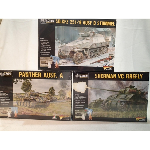 2082 - Three 1/56 scale military Wargaming vehicle kits, Bolt Action/Warlord Games, Panther, Stummel and Sh... 