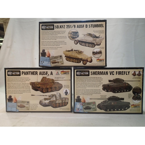 2082 - Three 1/56 scale military Wargaming vehicle kits, Bolt Action/Warlord Games, Panther, Stummel and Sh... 