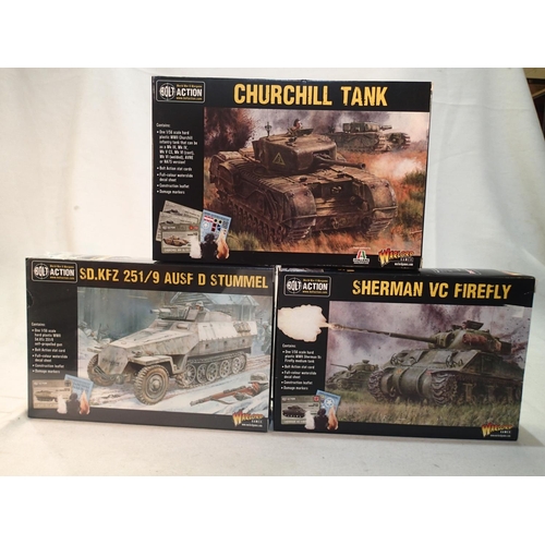 2083 - Three 1/56 scale military Wargaming vehicle kits, Bolt Action/Warlord Games, Sherman Firefly, Church... 