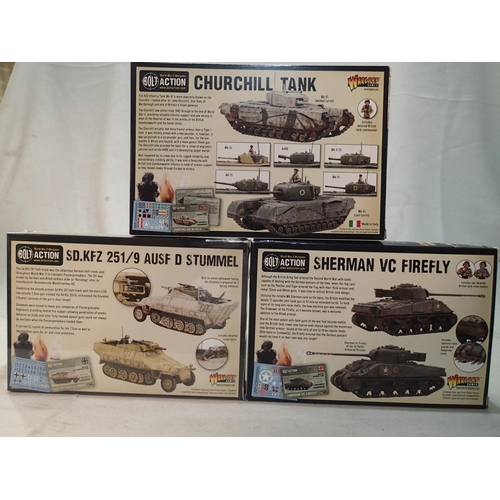 2083 - Three 1/56 scale military Wargaming vehicle kits, Bolt Action/Warlord Games, Sherman Firefly, Church... 