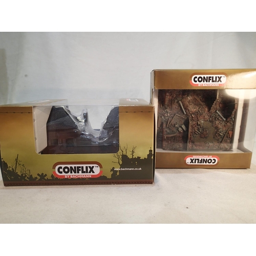 2095 - Two Bachmann Conflix cast buildings, PKCX6502 Ruined Village House, and PKCX6507 Kursk Ruins Winter,... 