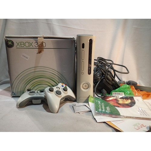 2171 - Boxed Xbox 360 with PSU, two controllers, headset and paperwork, powers on, red ring. UK P&P Group 2... 