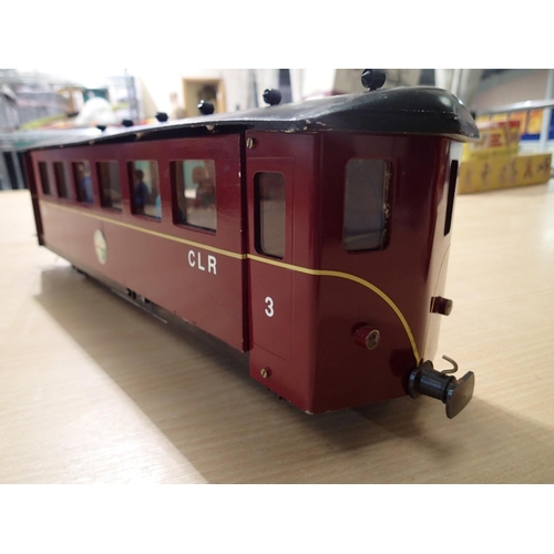 2274 - 16mm/SM32 narrow gauge running on O gauge track, scratch built three car set with light and passenge... 