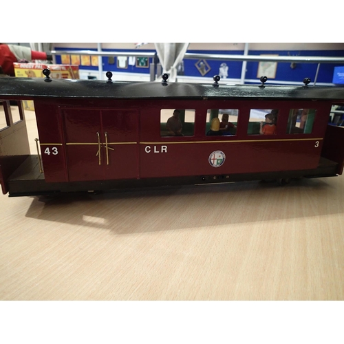 2274 - 16mm/SM32 narrow gauge running on O gauge track, scratch built three car set with light and passenge... 