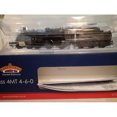 2310 - OO scale Bachmann 31-119, class 4MT, 75035, black, late crest, weathered, near mint, boxed. UK P&P G... 