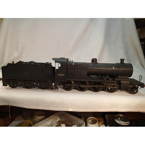 2339 - Gauge 1, lit built class 7F, 2.8.0 and tender, 53807, black, late crest, weathered, two rail fire sc... 