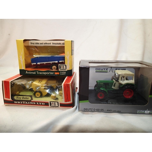 2342 - 1/32 scale farming vehicles comprising, Duetz Fahr D.60 tractor with cabin, near mint and boxed, plu... 