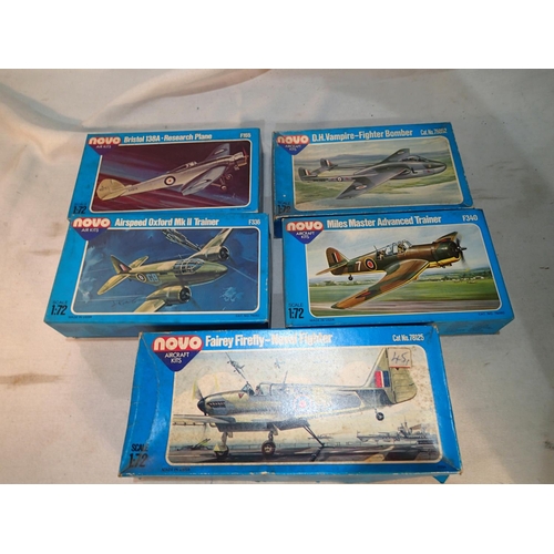 2433 - Five 1/72 scale Novo aircraft kits Fairey Firefly, Miles Master Trainer, DH Vampire, Airspeed Oxford... 