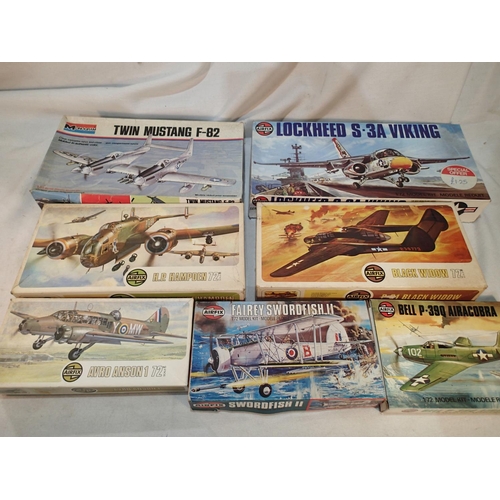 2435 - Seven 1/72 scale aircraft kits, Airfix: Swordfish, Airacobra, Anson, Hampden, Black Widow, Lockhead ... 