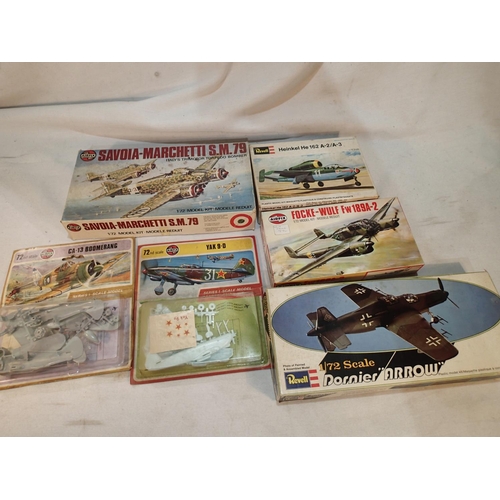 2436 - Six 1/72 scale aircraft kits, Revell: Dornier Arrow and Heinkel 162, Airfix: Marchetti, FW189, Boome... 